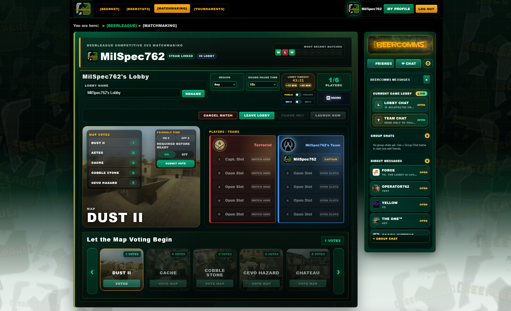 BEERLEAGUE 5v5 matchmaking lobby interface