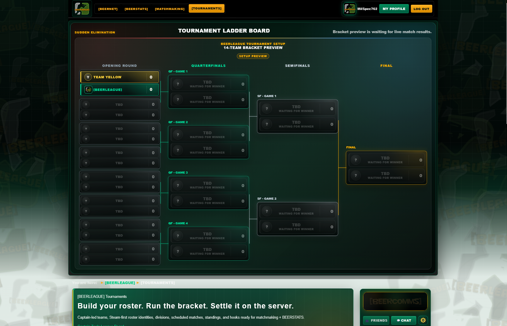 BEERLEAGUE tournament matchmaking bracket system